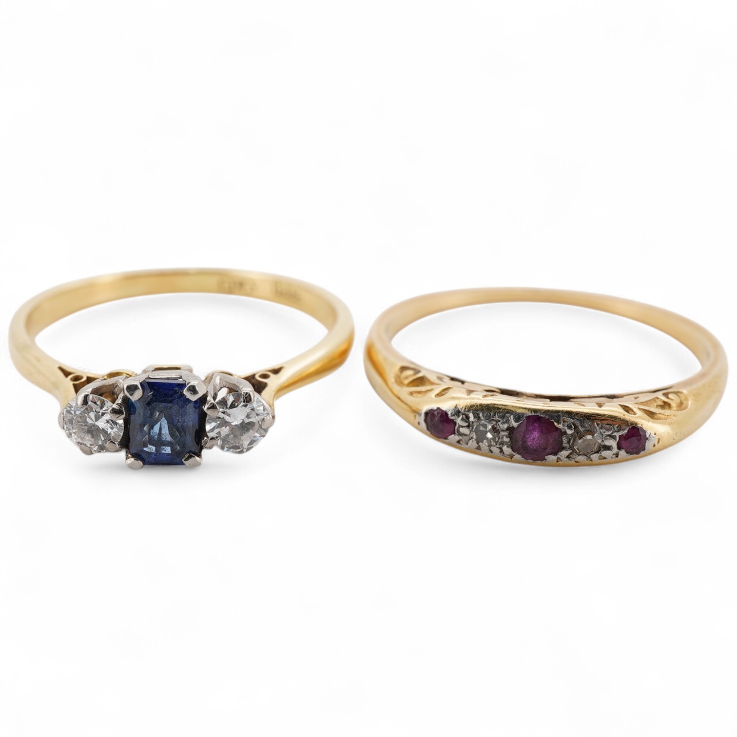 Two gem-set rings, comprising: a sapphire and diamond three-stone ring, the diamonds totalling approximately 0.20 carats, mounted in gold and platinum, size P, stamped 18CT PLAT; and a ruby and diamond five-stone ring, s